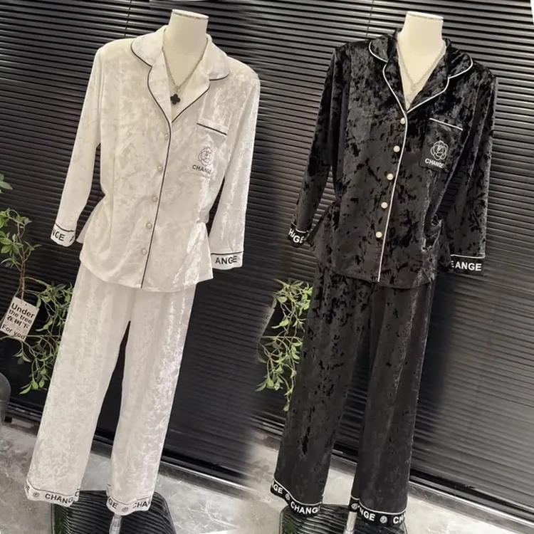 秋冬丝绒时尚女士睡衣套装宽松开衫长袖长裤家居服套装女奢华高档