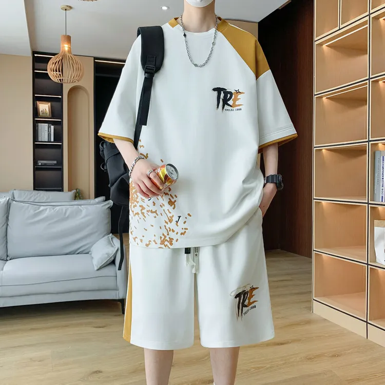 百搭运动学生透气印花时尚韩版夏季男士休闲彩色点缀套装两件套