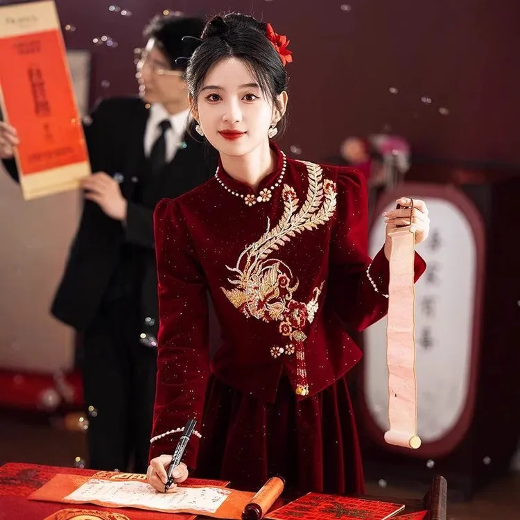 秋冬红色新中式新娘旗袍敬酒服中国风结婚回门宴会订婚礼服两件套