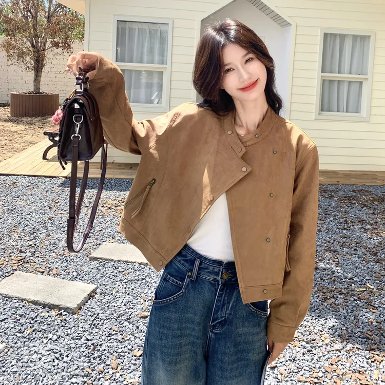 设计感复古麂皮绒卡其色短外套女春秋2025新款小个子流行爆款夹克
