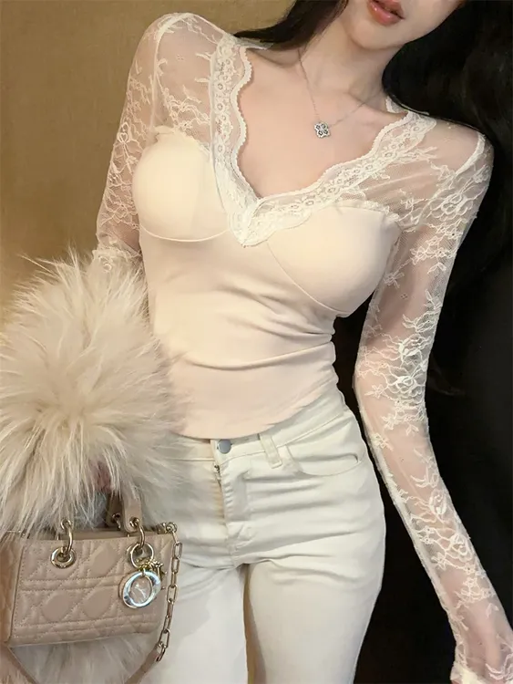 纯欲性感气质V领蕾丝花边拼接带胸垫加绒显瘦短款打底衫上衣