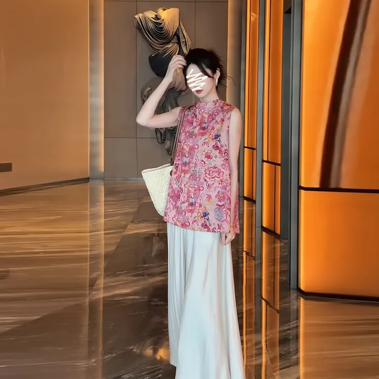 新中式提花无袖中长款上衣+阔腿裤夏季清凉感两件套复古中国风