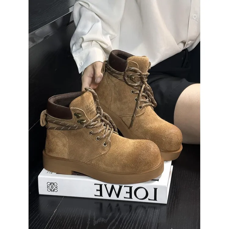 覆古擦色真皮大头厚底马丁靴女2025秋季新款英伦风增高短靴大黄靴