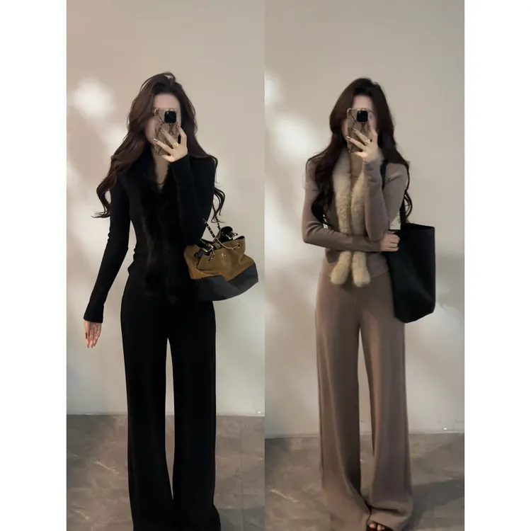 【大婷婷】新款时尚显瘦气质拼接毛毛领长袖直筒休闲修身套装DT1797