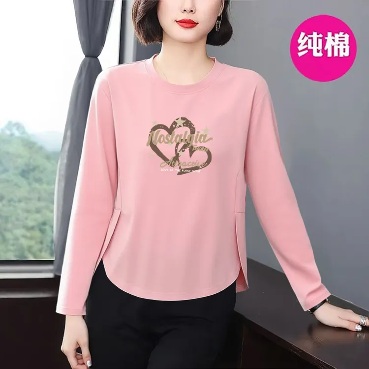 纯棉休闲减龄长袖t恤女士秋季新款宽松显瘦遮肉百搭时尚上衣打底