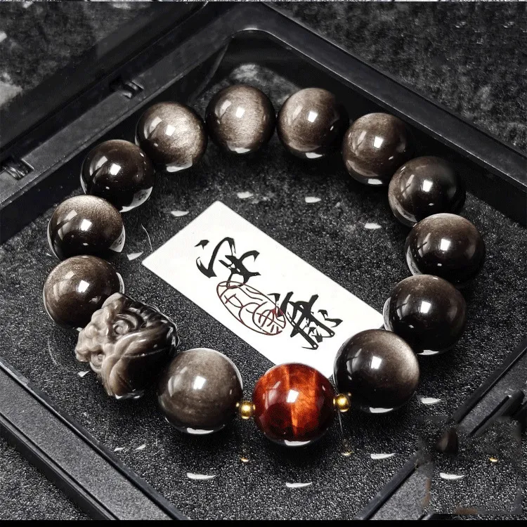 醒狮天然金银黑曜石手链男生复古串珠生日礼物父亲节送爸爸老爸