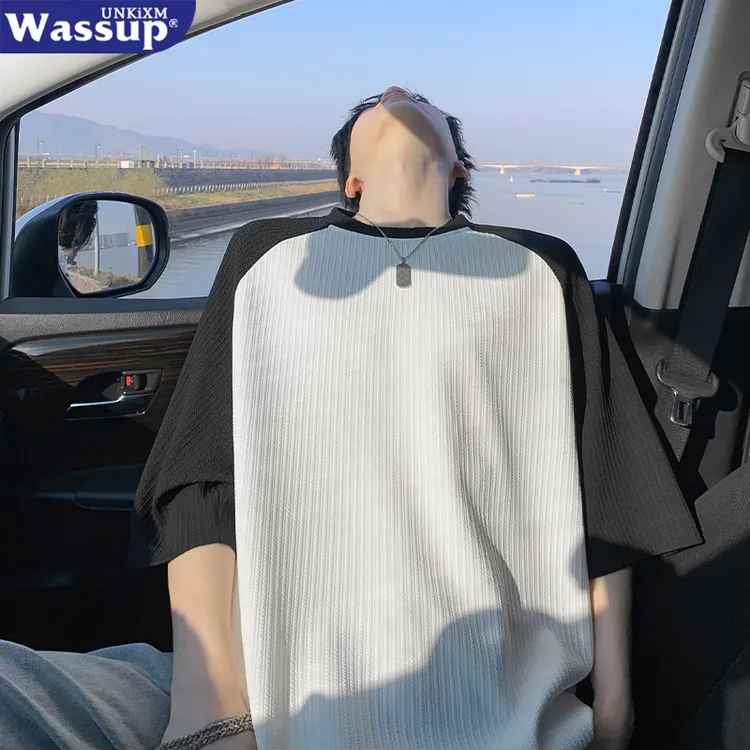 夏季港风细条纹插肩袖T恤男青年宽松大码五分袖圆领拼接短袖ins潮