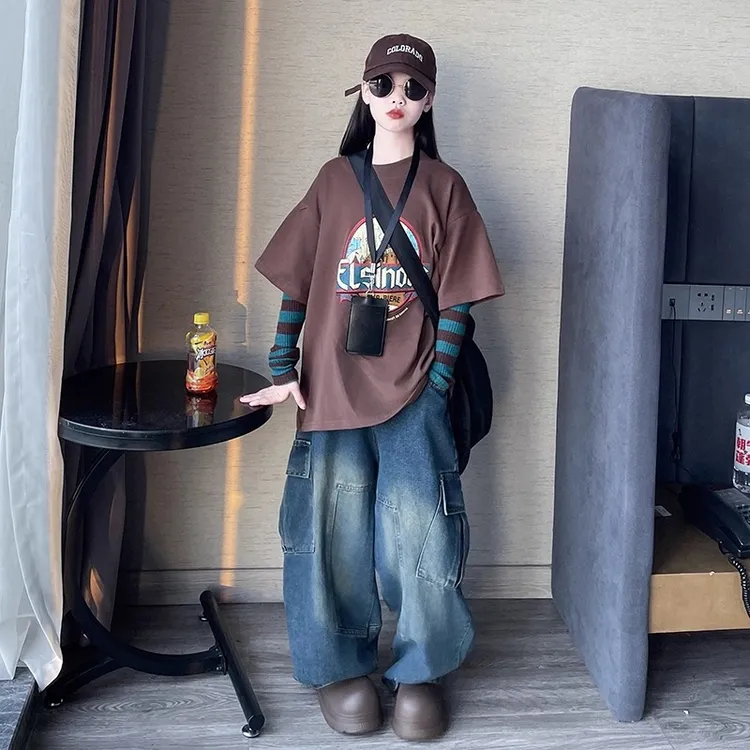 女童春秋季2025新款休闲韩版洋气时尚假两件打底衫牛仔裤两件套潮