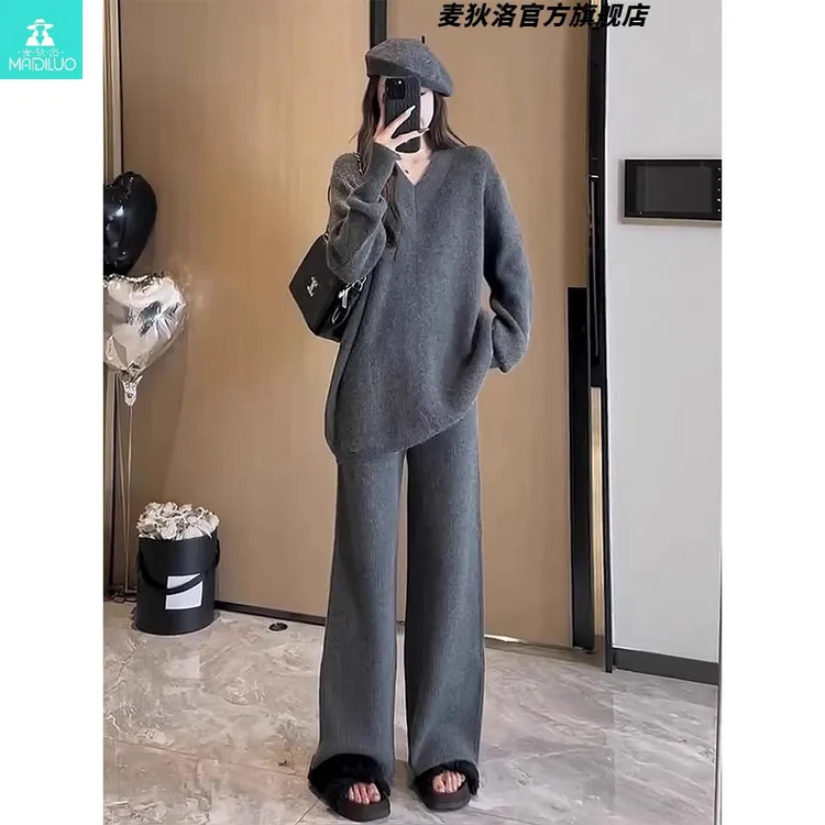 大码微胖MM深秋装搭配一整套慵懒风休闲裤毛衣两件套针织套装时髦