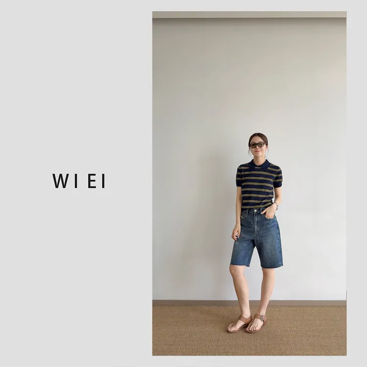 《WI EI》MIU小条可机洗*扬子极细羊毛Polo针织条纹短袖W25209079