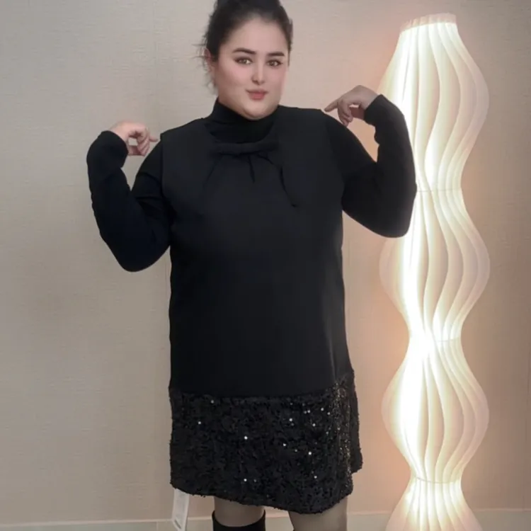 大码秋冬重工亮片蝴蝶结A字显瘦背心两件套