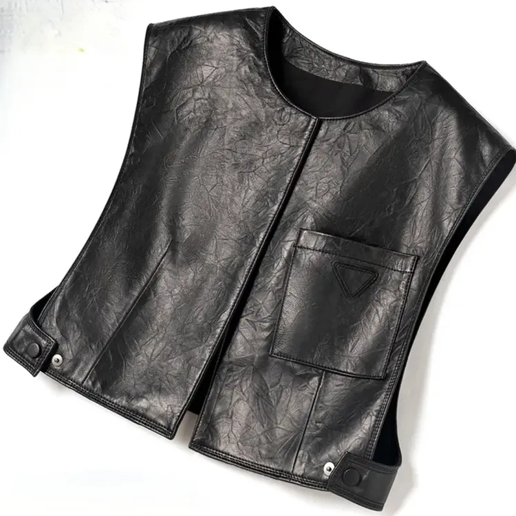 9366新款小众PU皮宽松外套短款秋季马甲圆领爆款PU皮无袖马甲