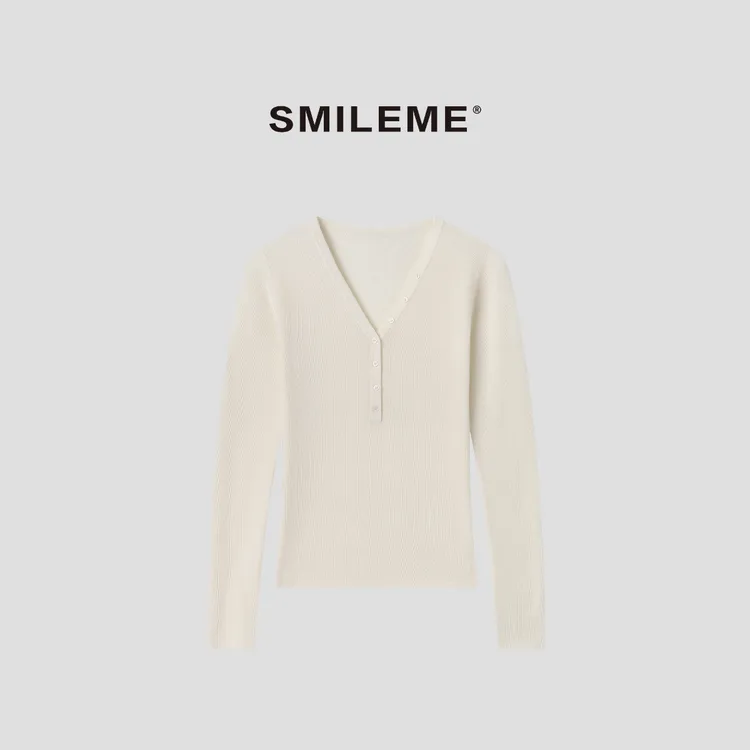 3-SMILEME【北极星】100%羊毛时尚百搭V领修身长袖上衣R5376037