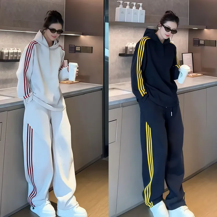 男女同款美式百搭连帽撞色三条杠长袖套头卫衣休闲长裤运动套装