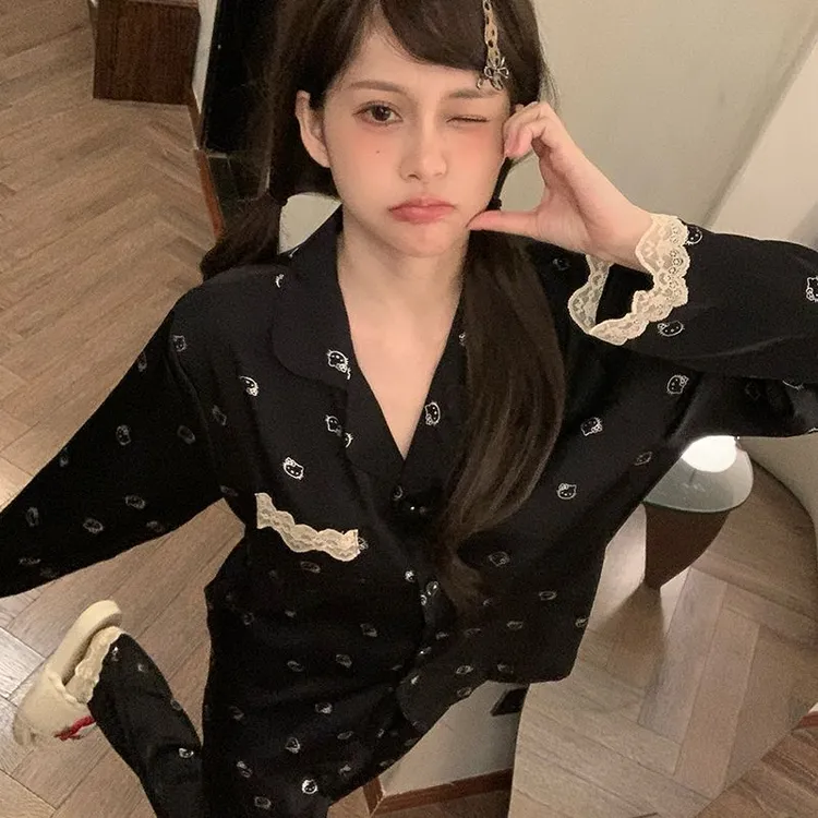春秋季冰雪丝睡衣女款可爱hellokitty长袖长裤休闲套装少女家居服