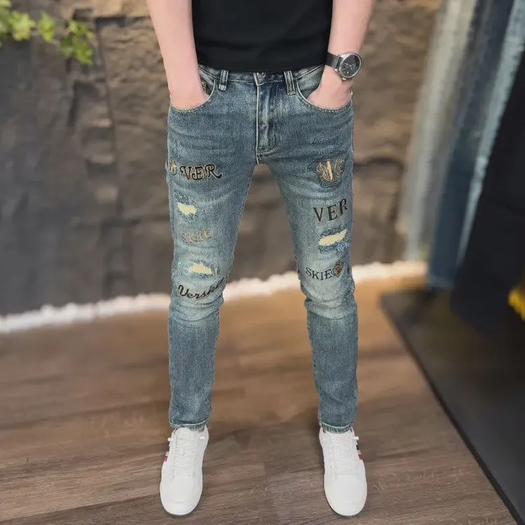 秋冬款刺绣潮流男牛仔裤子破洞复古修身百搭弹力时尚小脚裤男裤子
