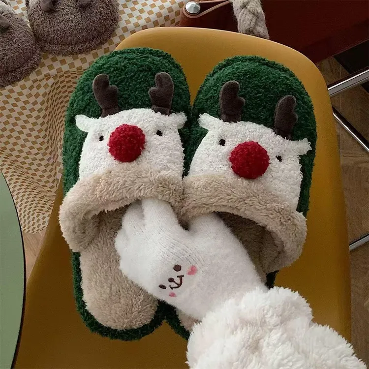 ins时尚居家防滑保暖毛绒鞋女冬季情路加绒可爱圣诞麋鹿棉拖鞋男