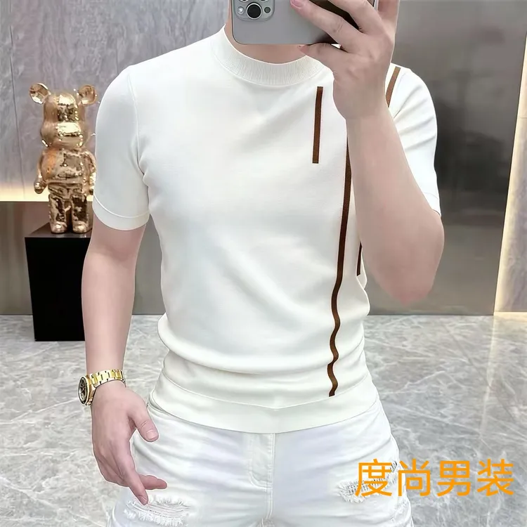 男士高品质针织短袖时尚潮流半袖针织冰丝短袖t恤M2507修身网红