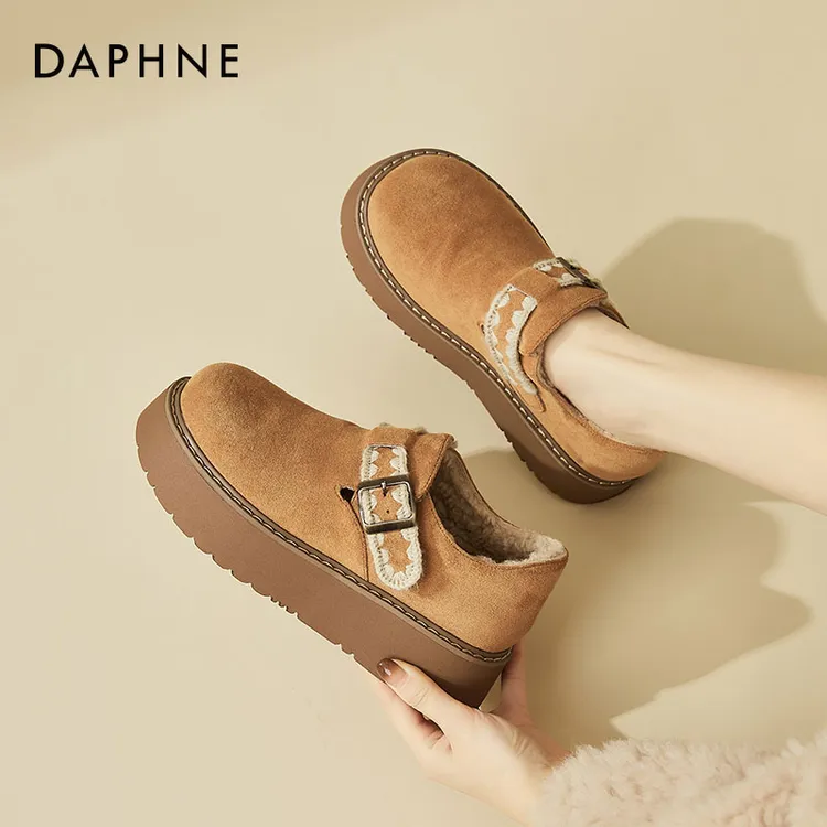 达芙妮棕色毛绒勃肯鞋女款2025秋冬新款厚底魔术贴雪地靴东北棉鞋