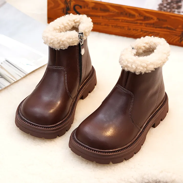 儿童真皮皮靴女童加绒公主靴保暖靴子2025秋冬季新款黑色女孩童靴