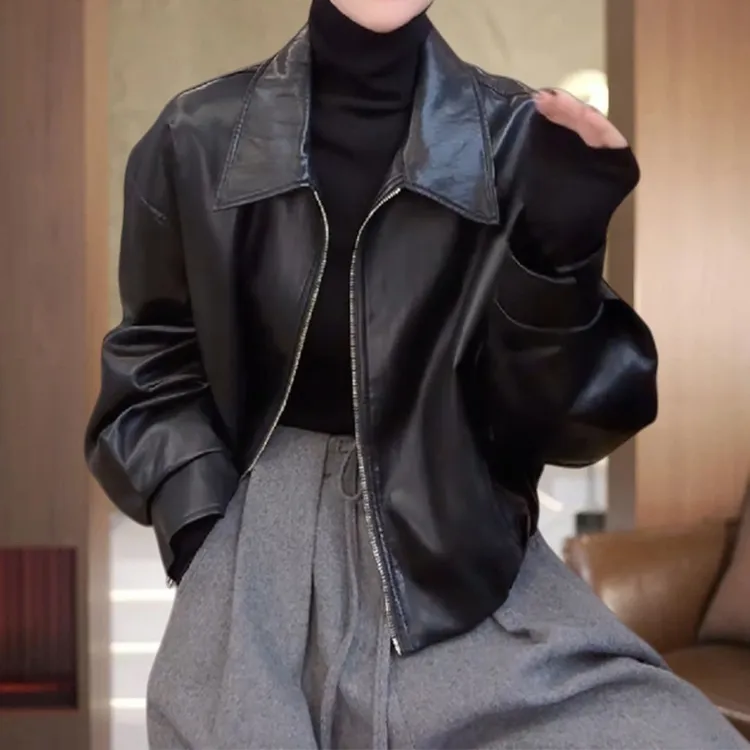 韩系潮流街头风皮衣外套女秋冬新款高级机车风宽松显瘦polo领上衣