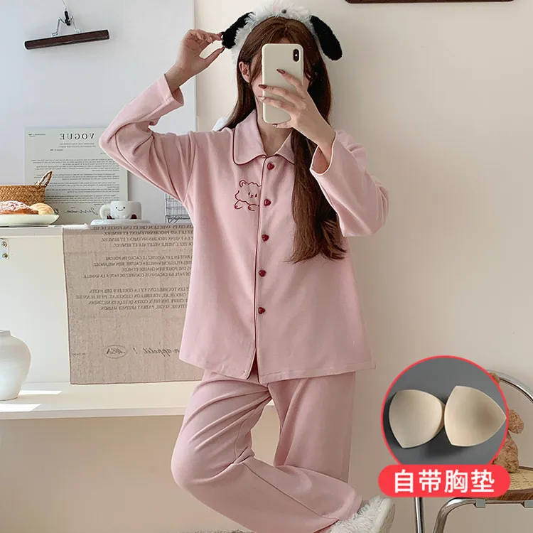 睡衣女秋冬季保暖厚款长袖可爱粉色小熊套装可外穿冬天家居服