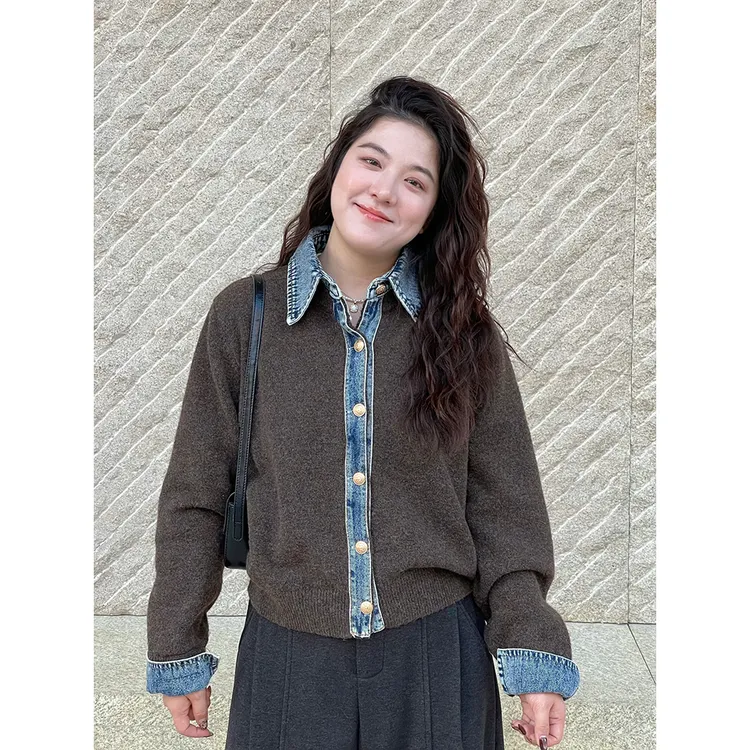 WenWen小个子2025秋冬新款加厚牛仔拼接设计针织开衫毛衣外套4621
