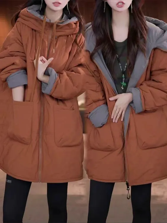 时尚加厚保暖双面穿棉衣女2025秋冬新款洋气宽松显瘦连帽棉服外套