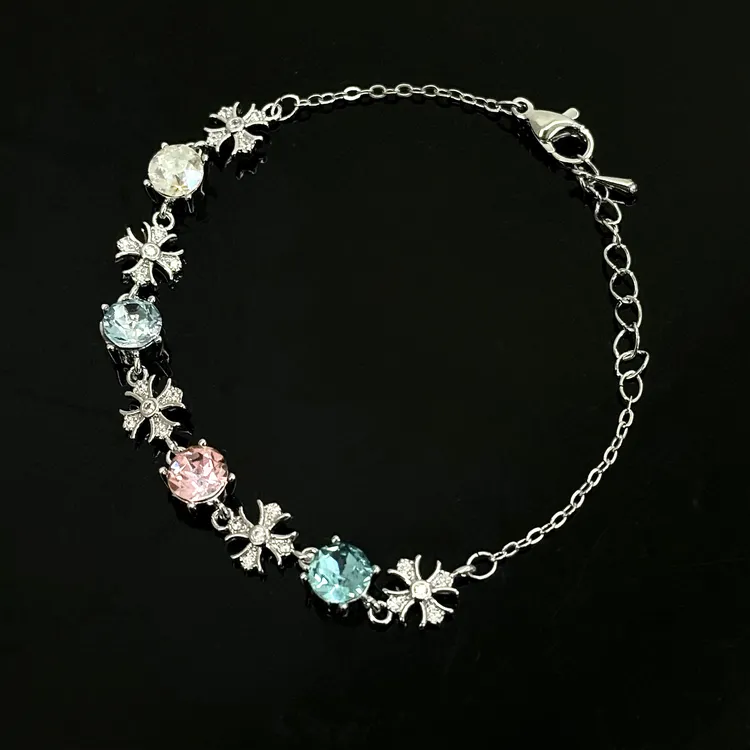 合金手链 【17SR】七夕宠粉十字闪钻拼色可调节手链气质轻奢彩色