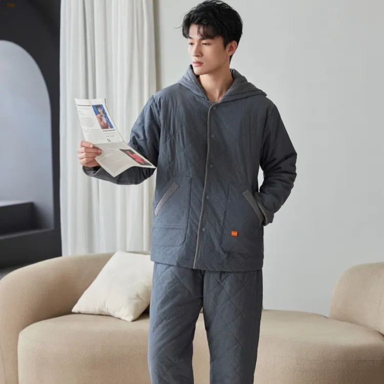 妮可雅冬季睡衣男士2025新款加绒加厚梭织薄夹棉连帽青年家居服男