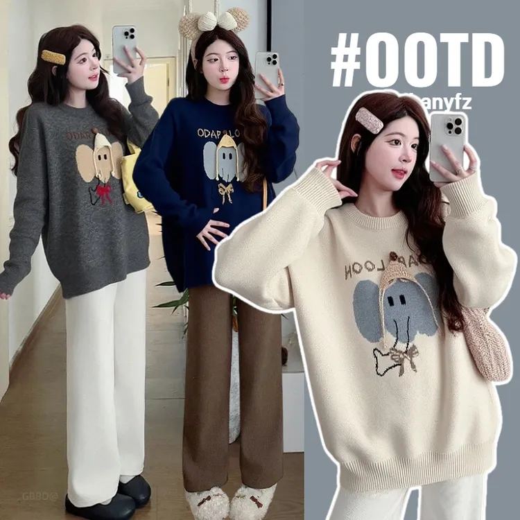 R1500#12.2 孕妇大象提花圆领毛衣女上衣冬季新款韩系宽松显瘦