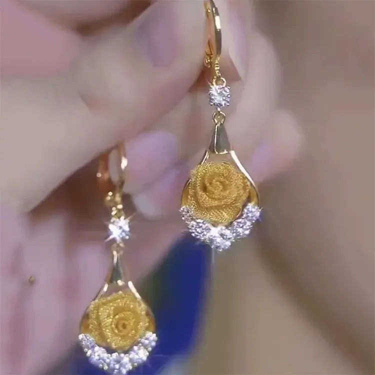 铜合金合成锆石耳饰  【14号】日韩黄玫瑰花时尚气质百搭女士耳环商品图