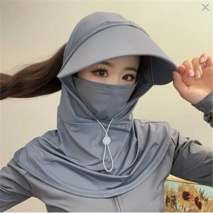大檐帽子抽拉绳夏季遮阳帽女骑车防紫外线护全脸护颈透面罩全脸口