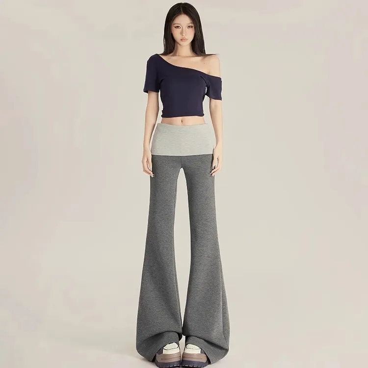 卡扎琳灰色拼接假两件瑜伽裤女2025年早春弹力修身百搭休闲微喇裤