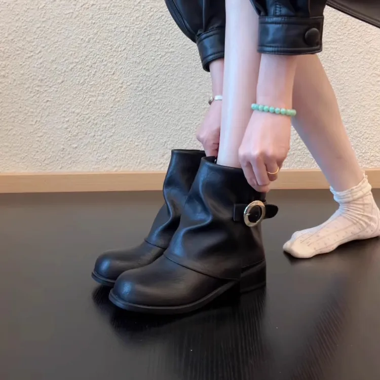 Pokoy-4cm女复古百搭气质时尚中筒靴秋冬季皮带扣秋冬季新款