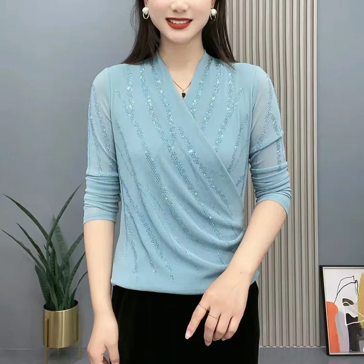 秋季新款交叉领简约妈妈装纯色烫钻柳条洋气长袖百搭打底衫T恤