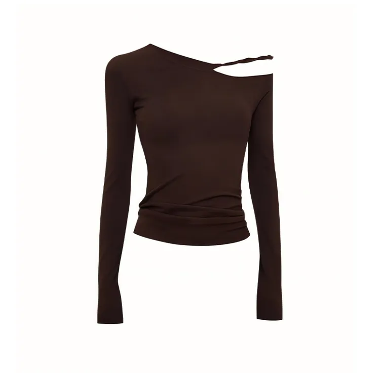 2025冬季性感辣妹镂空斜肩长袖打底衫T恤修身纯欲内搭加绒女上衣