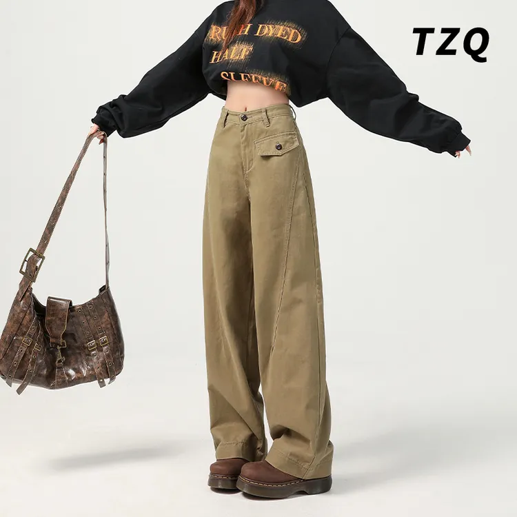 美式复古镰刀工装裤女春秋高腰慵懒宽松直筒阔腿拖地裤TZQ2511109