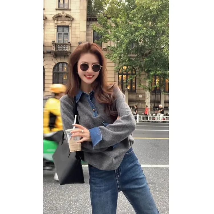 M11秋冬韩系牛仔领拼接针织假两件上衣女宽松显瘦设计感小众毛衣