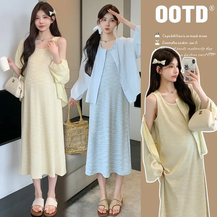 孕妇装夏装连衣裙宽松2025夏季背心裙防晒衬衫夏天冰丝宽松套装