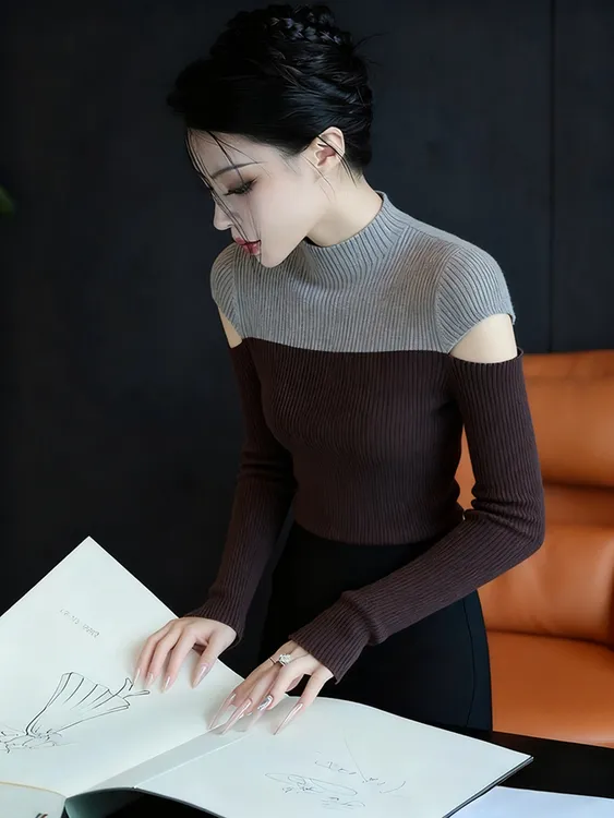绝美巨好看早秋上衣巨好看设计感小众气质高端掐腰咖色撞色针织衫