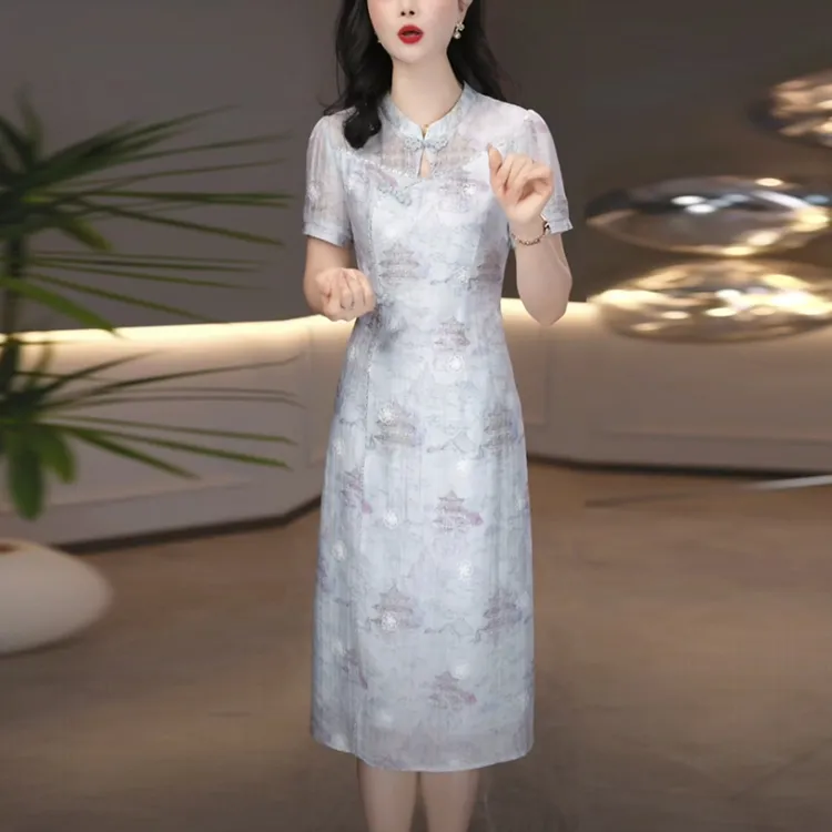 双皱丝中国风2025夏季新款时尚短袖气质复古日常改良旗袍连衣裙子