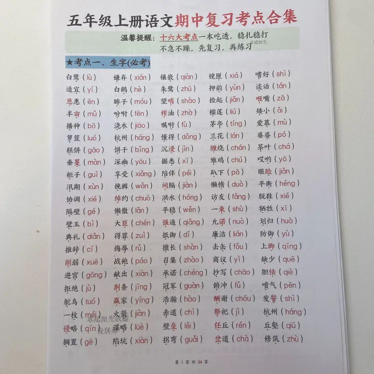 2025秋季新版五上语文1-4单元期中复习十六大考点合集