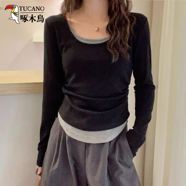 啄木鸟秋季新款韩版撞色假两件上衣圆领长袖T恤显瘦修身T恤衫遮肉