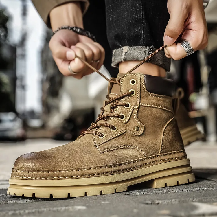 头层猪皮复古擦色高帮男鞋厚款马丁靴春秋男靴潮流复古户外秋冬