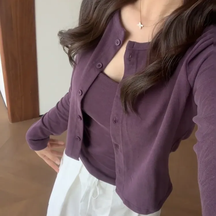 法式紫色吊带背心搭配开衫外套女2025年秋季高级感气质上衣两件套