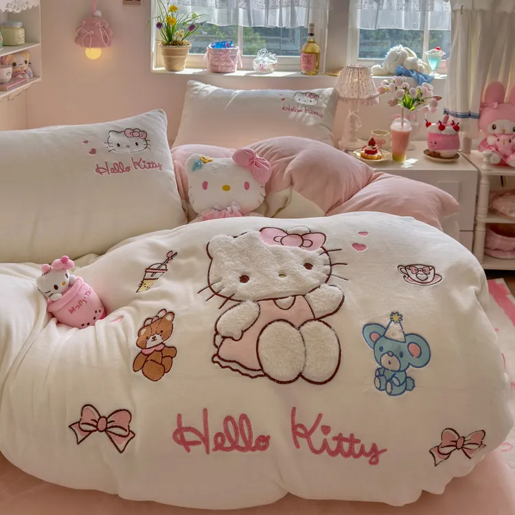 三丽鸥冬季牛奶绒卡通床上四件套保暖加厚床单被套珊瑚绒床品三件