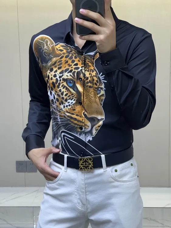 男士修身印花长袖衬衫潮流百搭方领衬衣豹子时尚休闲夏季春季春夏