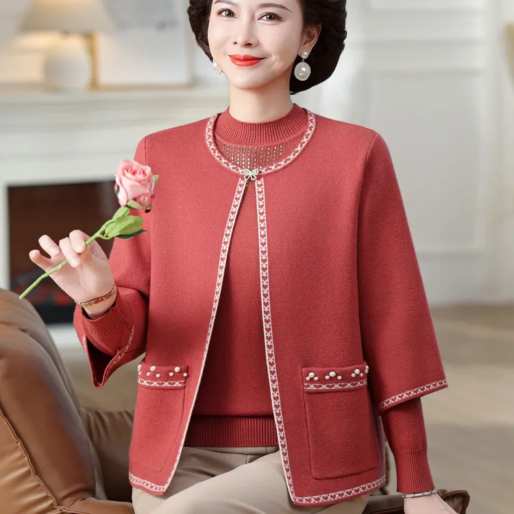 中年妈妈秋装外套新款上衣服小香风春秋中老年女洋气夹克两件套装