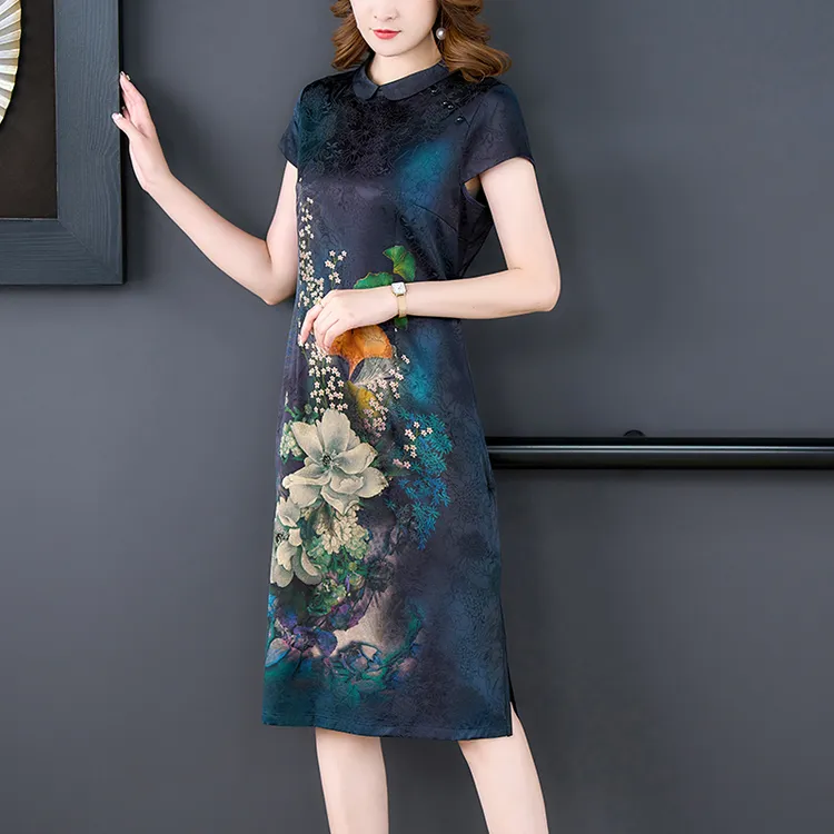 桑蚕丝连衣裙女夏季2025年新款杭州新中式改良旗袍妈妈装